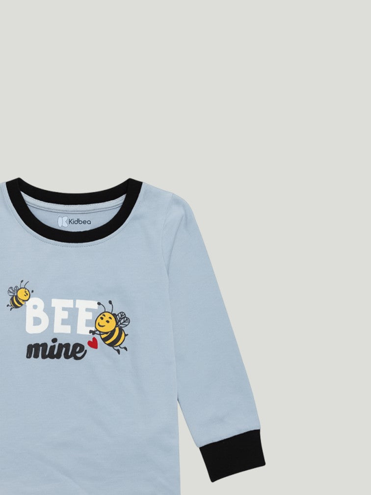 Kidbea Unisex Cotton Nightwear Set for Kids | Soft Breathable Sleepwear with Cute Bee Print & Full Sleeves Top | Blue