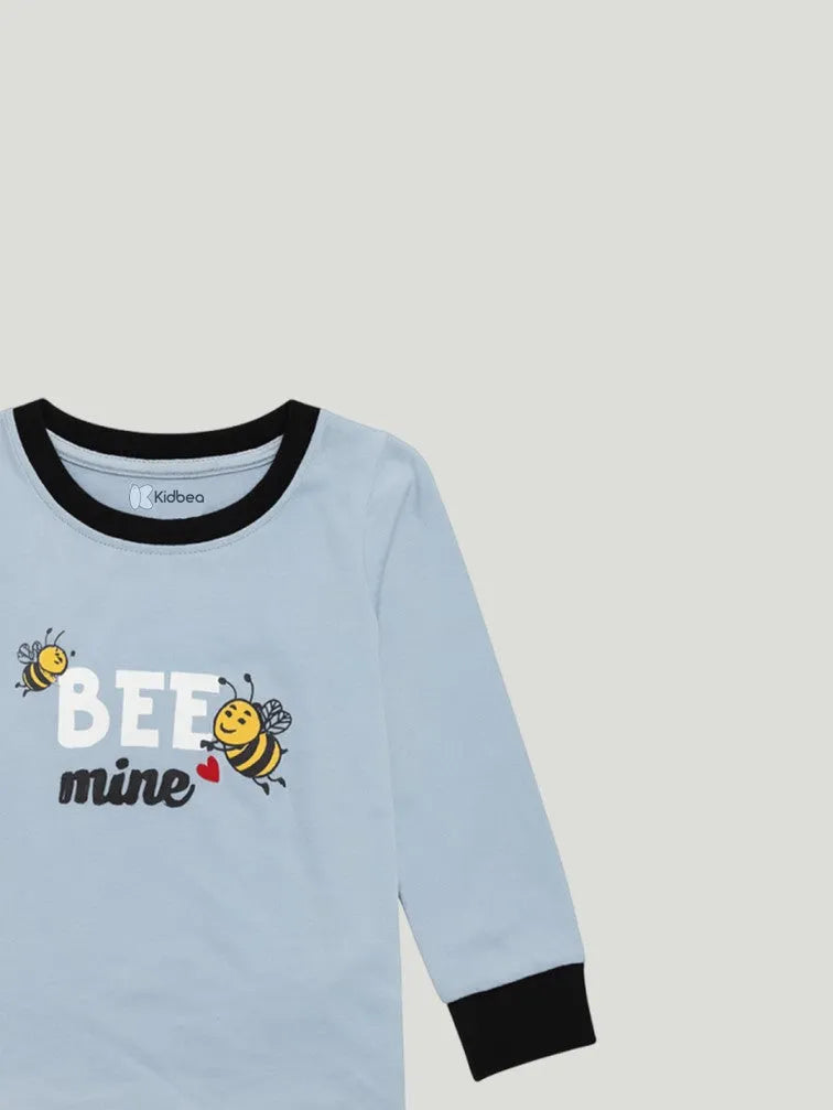 Unisex Cotton Nightwear Set for Kids | Soft Breathable Sleepwear with Cute Bee Print & Full Sleeves Top | Blue