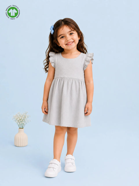 Organic Cotton Girls Flutter Sleeve A-Line Dress - Light Grey
