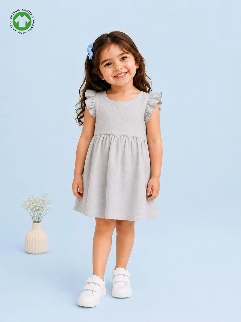 Organic Cotton Girls Flutter Sleeve A-Line Dress - Light Grey