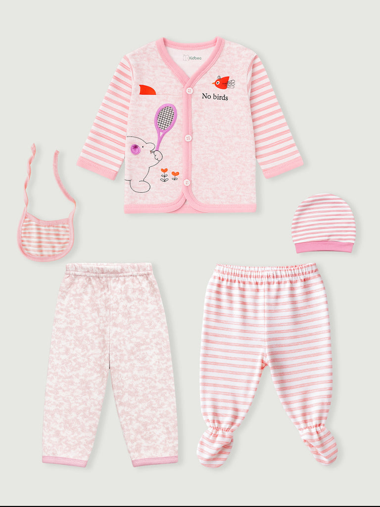 Unisex Baby Winter Wear – 5 Piece Cozy Cotton Set with Cardigan, Pants, Footed Bottom, Cap & Bib
