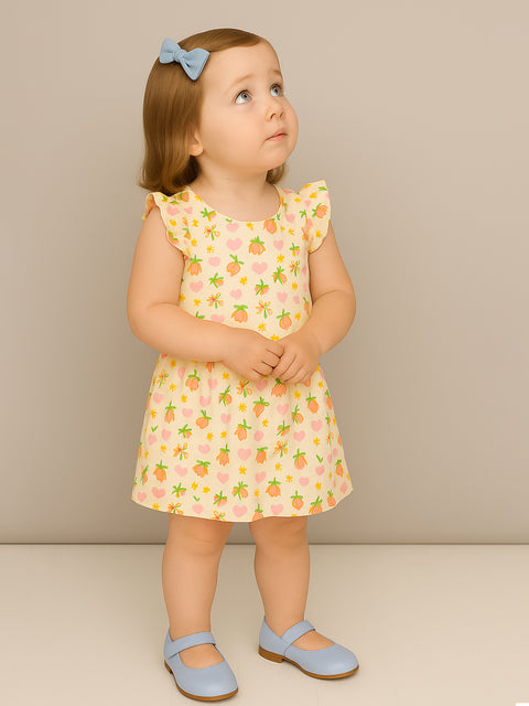 Kidbea Girls Cotton Frock | Floral & Heart Printed Summer Dress | Ruffle Sleeves | Yellow