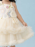 Girls Cream Partywear Frock – Floral Embroidered & Layered Tulle Dress