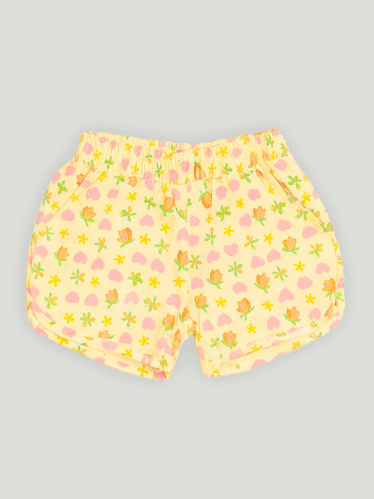 Kidbea Girls Floral and Heart Print Clothing Set | Short Sleeve Ruffle Top and Elastic Waist Shorts for Kids | Yellow