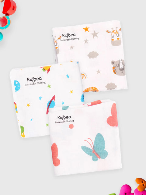 Muslin Premium ultra Soft Napkin doubled layer Multicolor - Pack of 3 | Tiger, Space & Butterfly