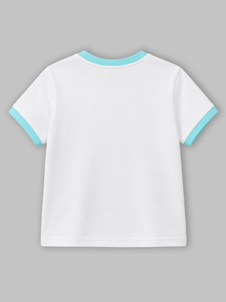 Girls White Organic Cotton Round Neck Fish Print T-Shirt