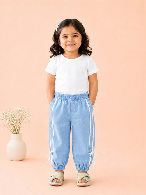 Girls Denim Jogger Pants with Side Stripe - Light Blue