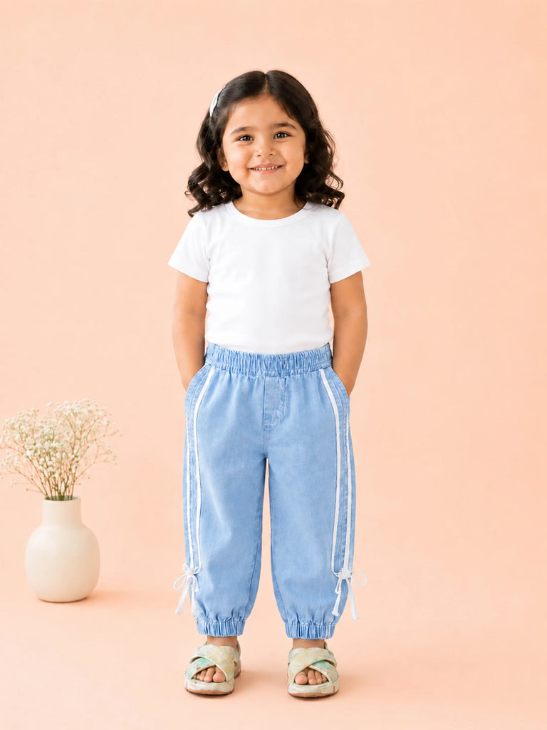Girls Denim Jogger Pants with Side Stripe - Light Blue