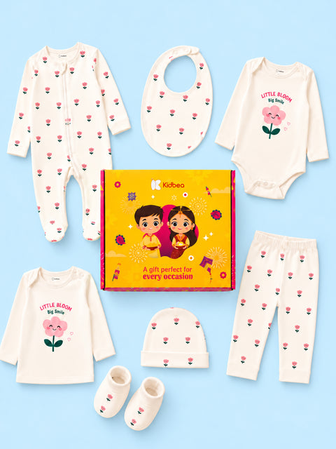 Organic Cotton Baby Gift Set Pack of 7 – Little Bloom Flower Print Clothing & Accessories Set