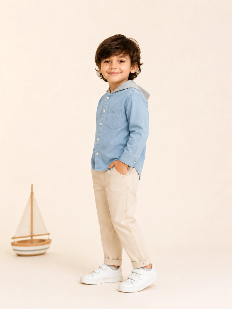 Boys Lightweight Denim Hooded Shirt Jacket - Light Blue