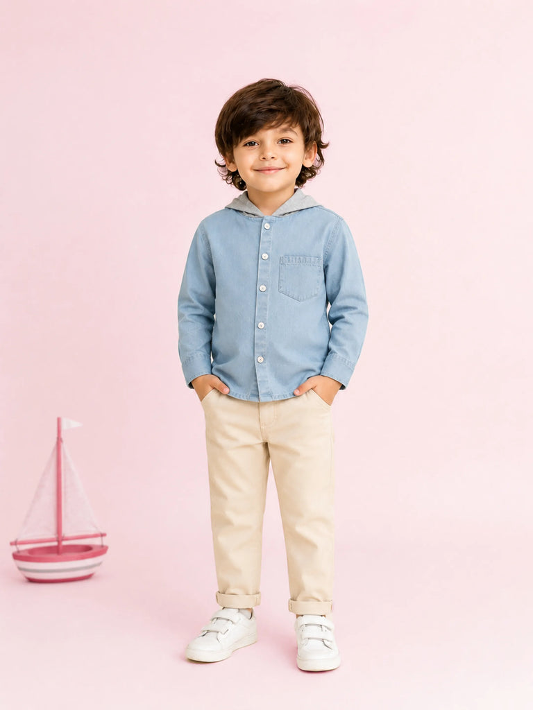 Boys Lightweight Denim Hooded Shirt Jacket - Light Blue