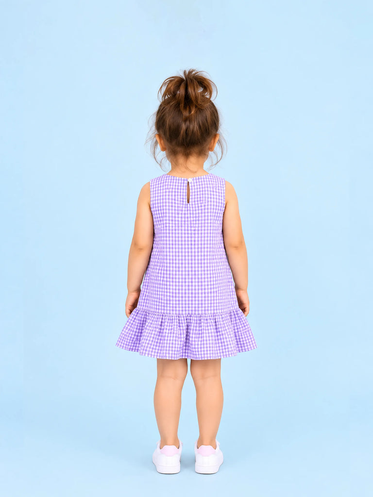 Girls Cotton Gingham Frock – Lavender Check Dress with White Bow Details