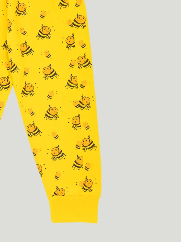 Unisex Cotton Nightwear Set for Kids | Cute Bee Print & Full Sleeves Top | Yellow