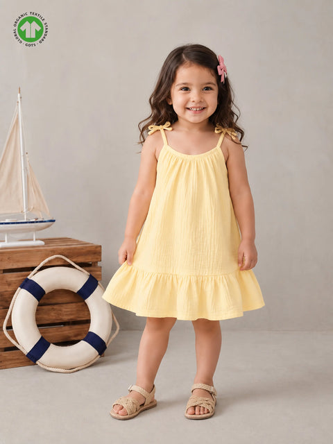 Organic Cotton Girls Sleeveless Summer Dress with Ruffle Hem - Yellow