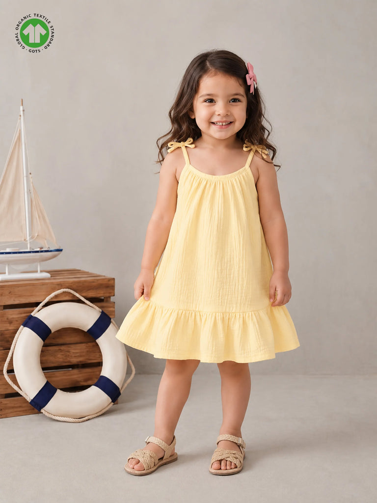 Organic Cotton Girls Sleeveless Summer Dress with Ruffle Hem - Yellow