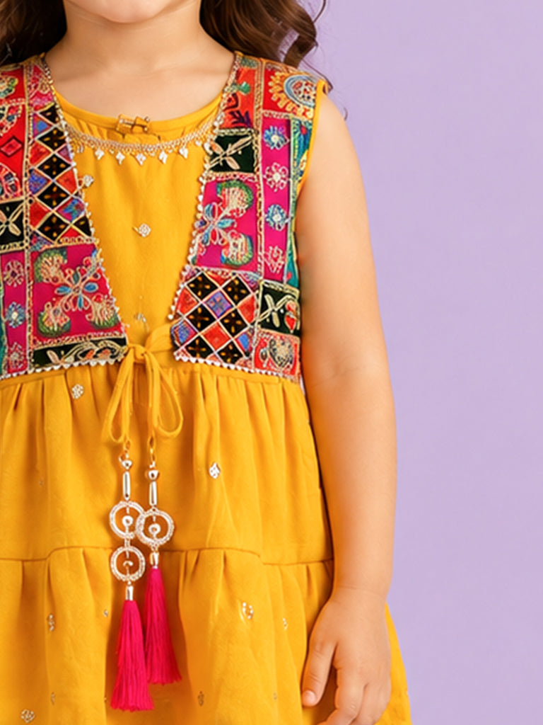 Girls Ethnic Yellow Kurta & Salwar Set – Embroidered Multicolor Jacket Style Festive Wear