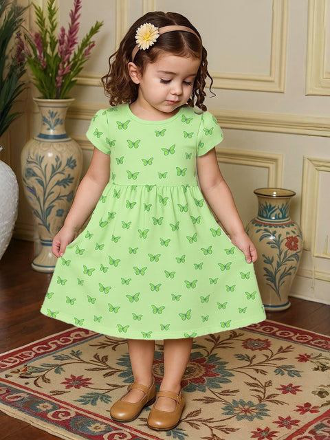 Kidbea Girls Cotton Frock | Butterfly Printed Summer Dress | Short Sleeve Casual Wear Kids | Green