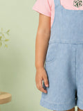 Girls Cotton Denim Dungaree Shorts with Pink T-Shirt Co-ord Set - Light Blue