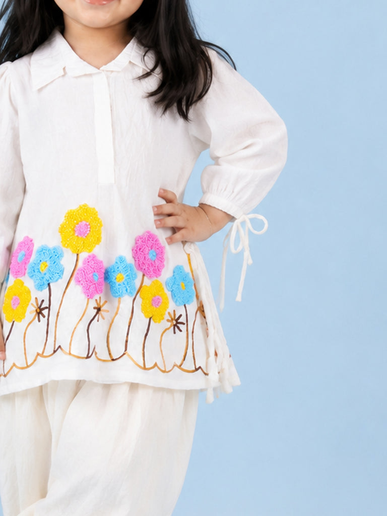 Girls White Embroidered Kurta & Dhoti Set – Colorful Floral Festive Wear