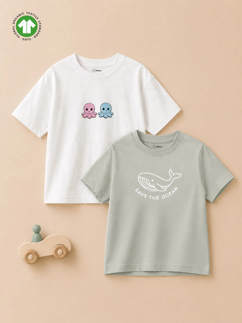 Unisex Oversized Save the Ocean & Octopus Organic Cotton T-Shirt Combo (Pack of 2)