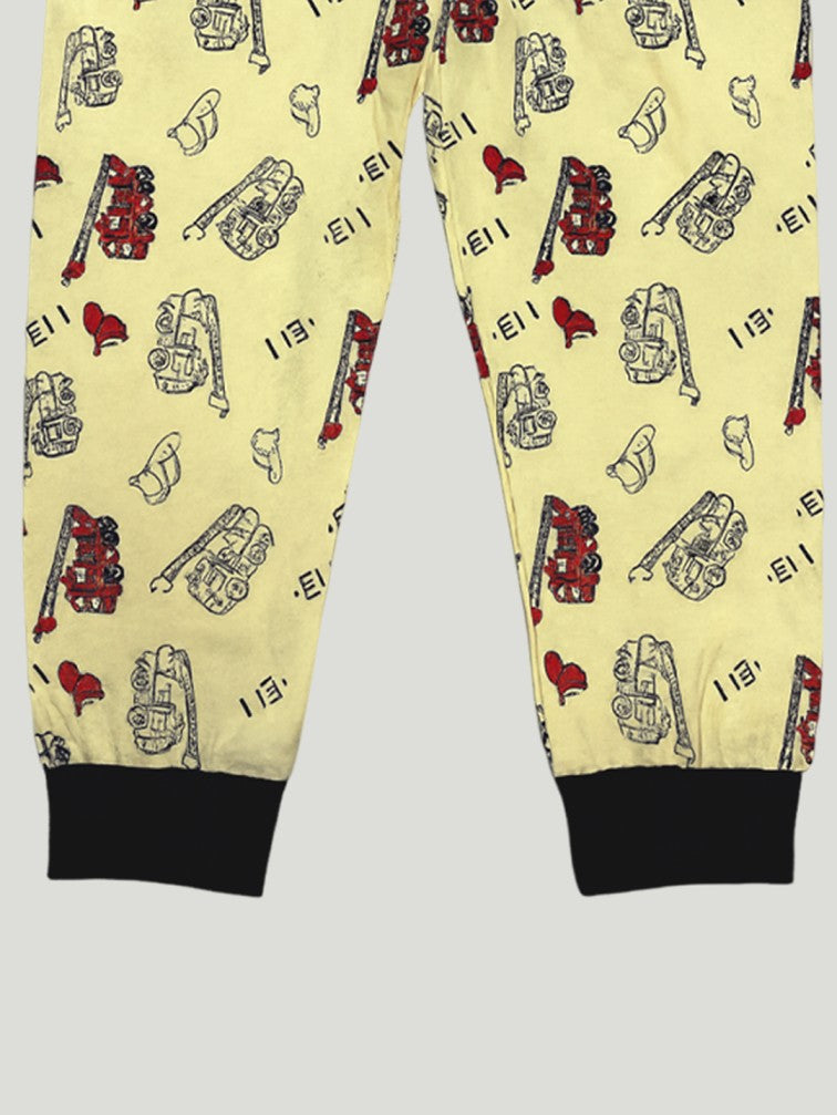 Kidbea Unisex Kids Cotton Night Suit Set | Firetruck Print | Full Sleeves Pajamas | Cream