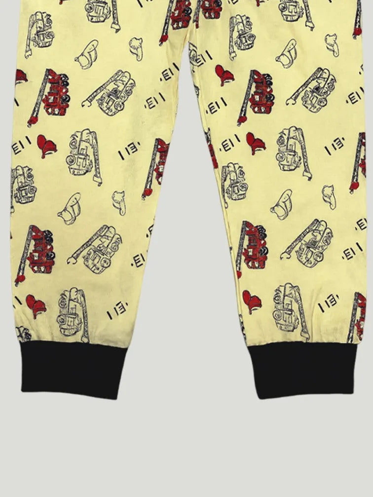 Unisex Kids Cotton Nightsuit Set | Firetruck Print | Full Sleeves Pajamas | Cream