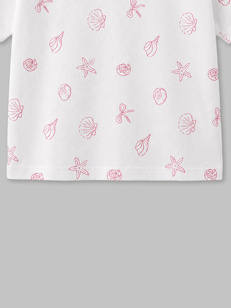 Girls White Organic Cotton Round Neck Tiny Floral Print T-Shirt