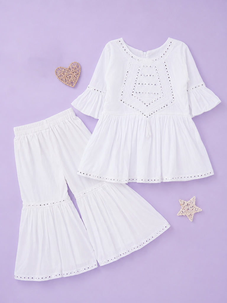 Girls White Kurta & Sharara Set – Embroidered Festive Ethnic Wear