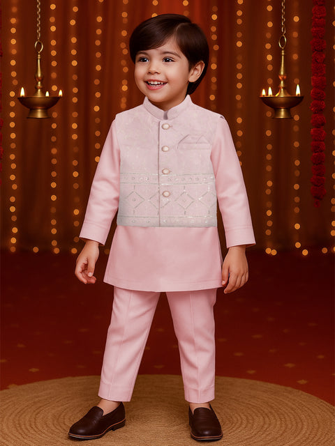 Boys Ethnic Wear Set | Kurta Pajama with Stylish Nehru Jacket | Festive Traditional Outfit for Kids | Dusty Pink