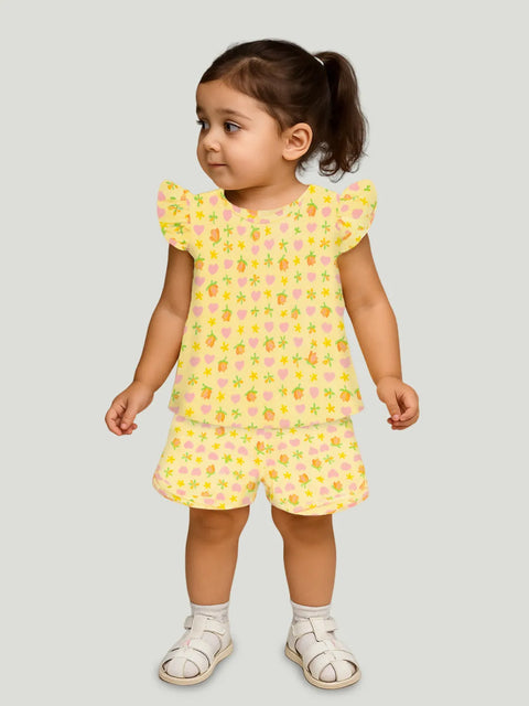 Girls Floral and Heart Print Clothing Set | Short Sleeve Ruffle Top and Elastic Waist Shorts for Kids | Yellow