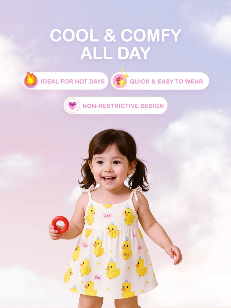 Extra Soft Muslin Baby Girls Frock – Cute Duck Print Sleeveless Dress