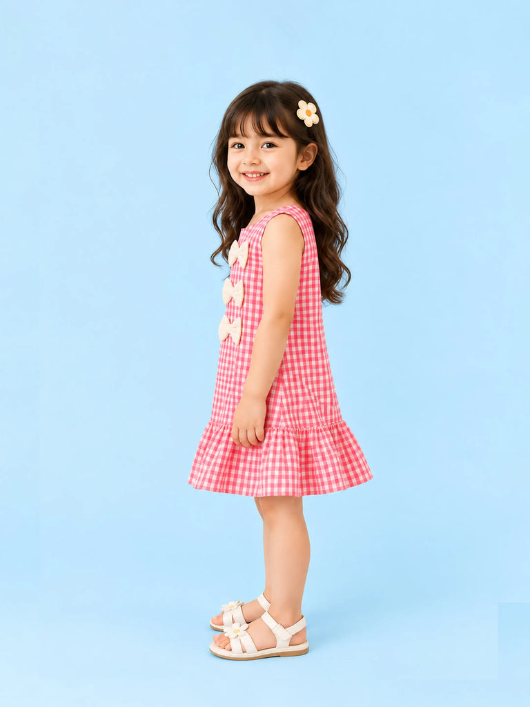 Girls Cotton Gingham Frock – Pink Check Dress with Bow Details