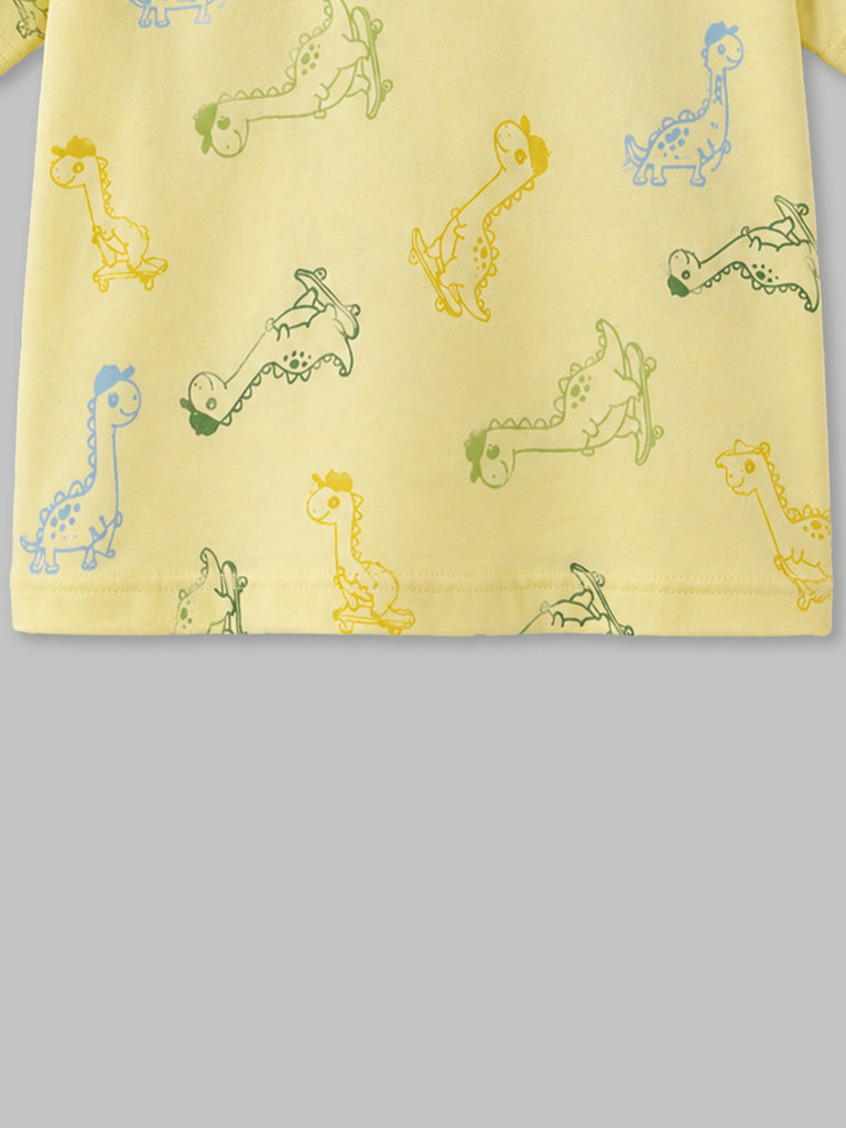 Boys Organic Cotton Yellow Round Neck All-Over Dinosaur Print T-Shirt