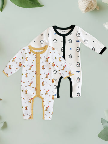 100% Organic Cotton Romper Pack – Penguin & Giraffe Designs, Yellow & Black, Full Sleeves