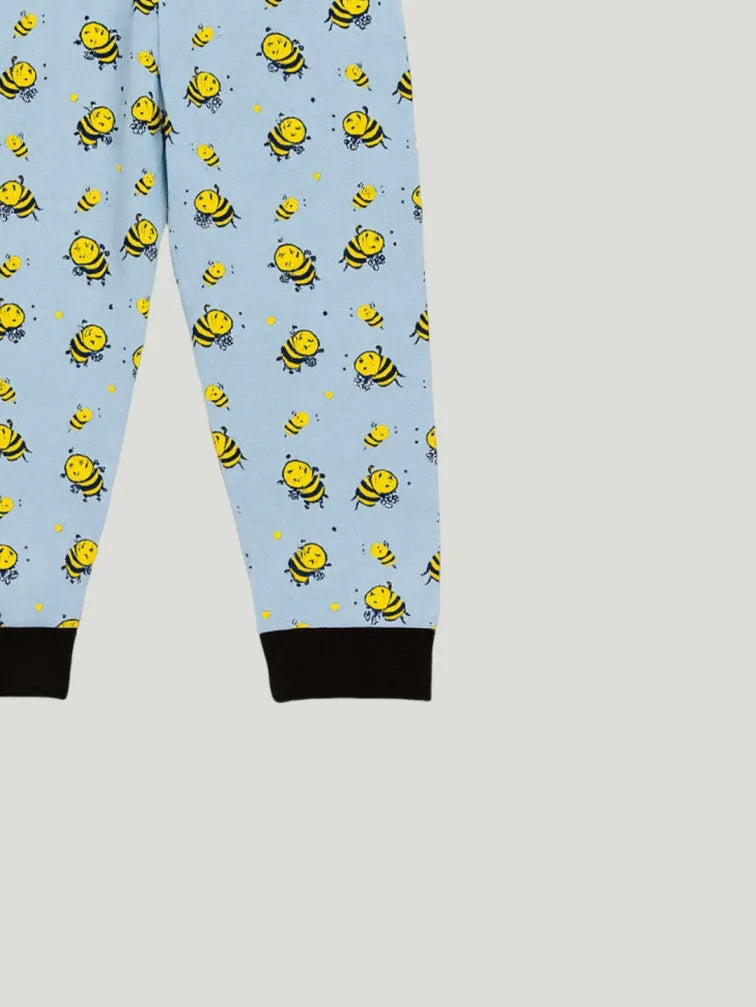 Unisex Cotton Nightwear Set for Kids | Soft Breathable Sleepwear with Cute Bee Print & Full Sleeves Top | Blue