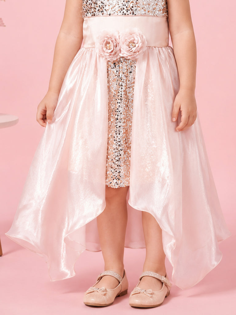 Girls Pink Partywear Frock – Sequin & Floral Embellished High-Low Dress