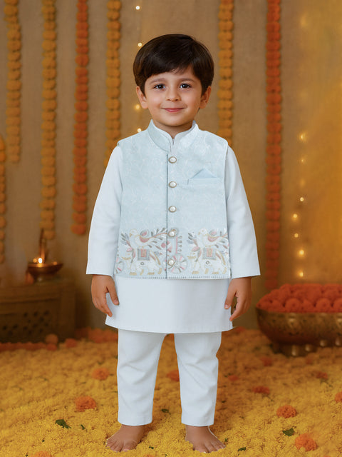 Boys Ethnic Wear Set | Kurta Pajama with Stylish Nehru Jacket | Festive Traditional Outfit for Kids | Light blue