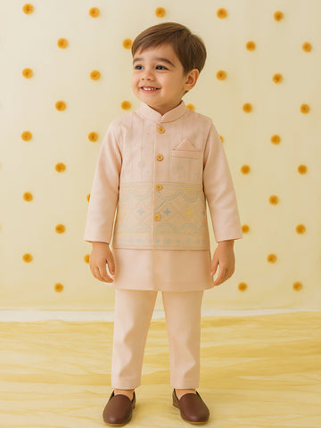 Kidbea Boys Ethnic Wear Set | Kurta Pajama with Stylish Nehru Jacket | Festive Traditional Outfit for Kids | Peach