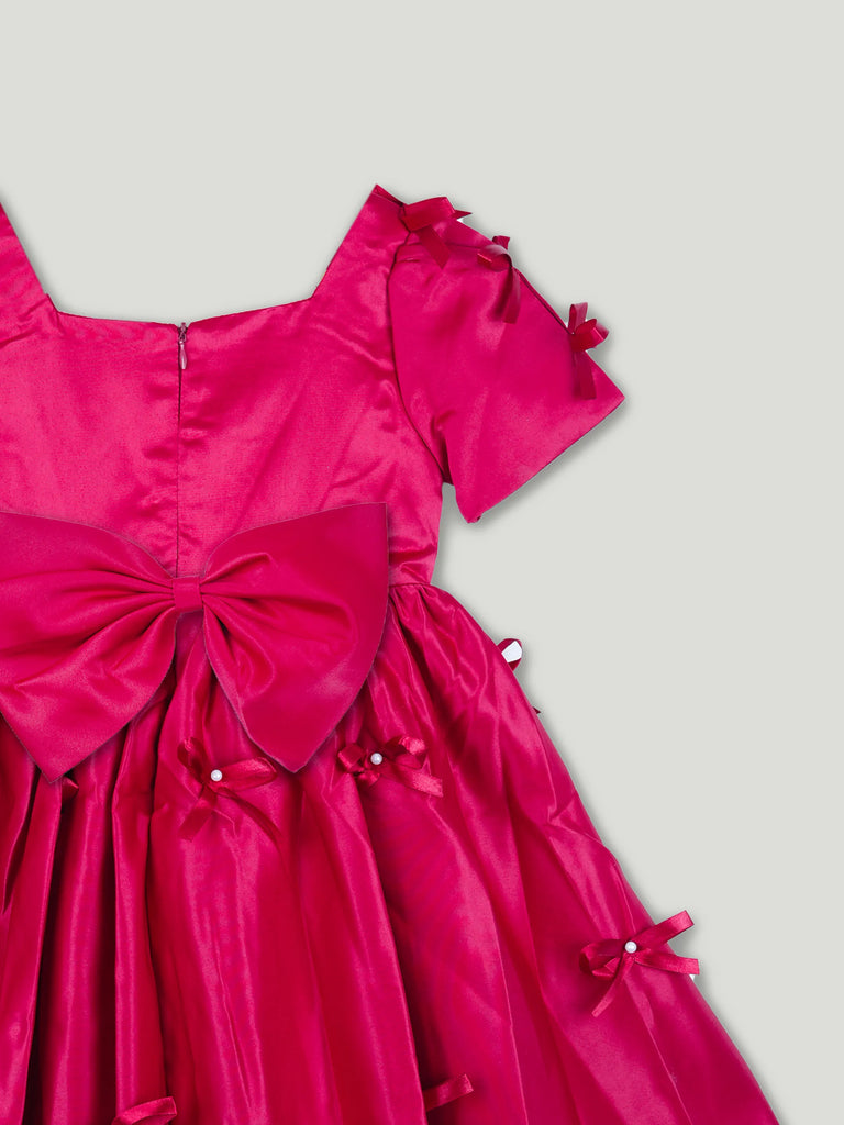 Baby Girl Party Dress – Red Satin Bow Dress with Pearl Detail & Flared Skirt for Kids
