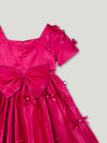 Baby Girl Party Dress – Red Satin Bow Dress with Pearl Detail & Flared Skirt for Kids
