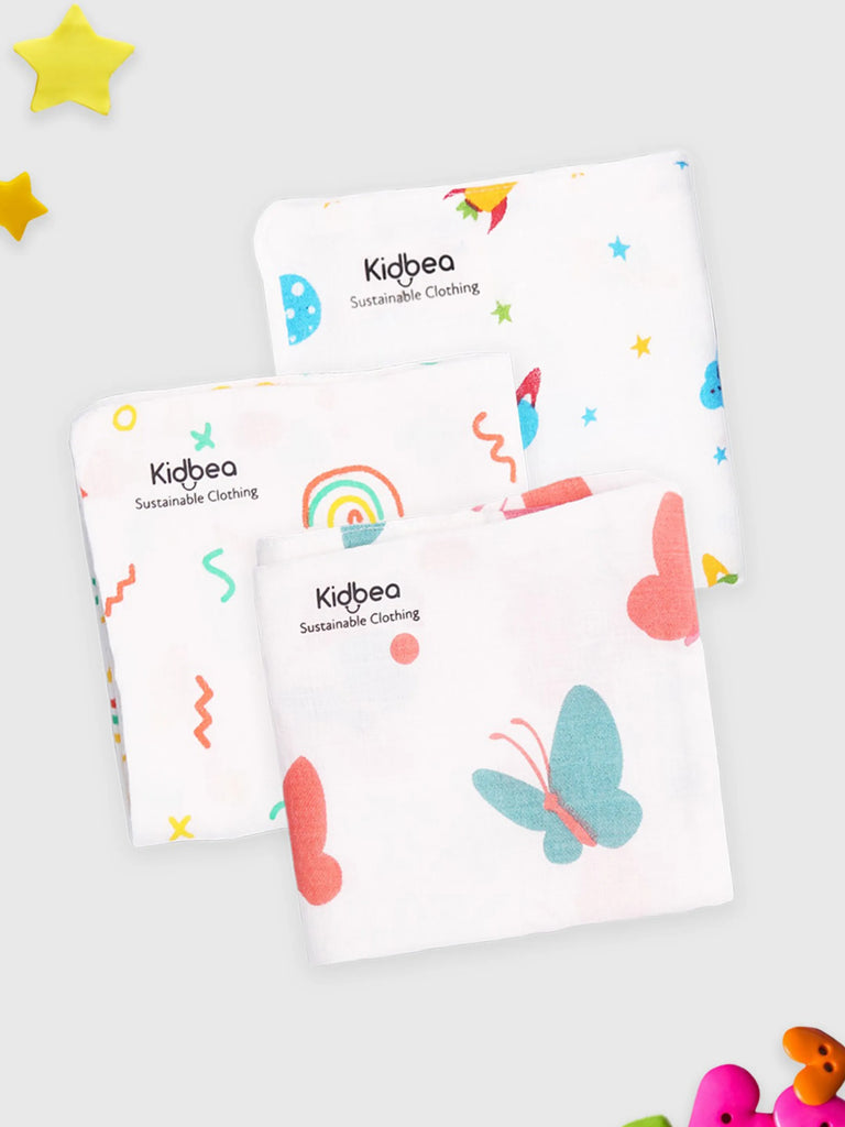 Muslin Premium ultra Soft Napkin doubled layer Multicolor - Pack of 3 | Rainbow , Space & Butterfly