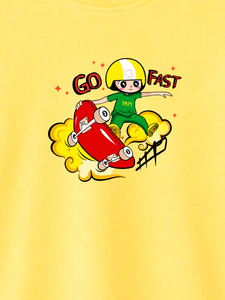 Bamboo Fabric Unisex Kids T-Shirt – Soft Breathable Yellow Skateboard Print Half Sleeve Tee