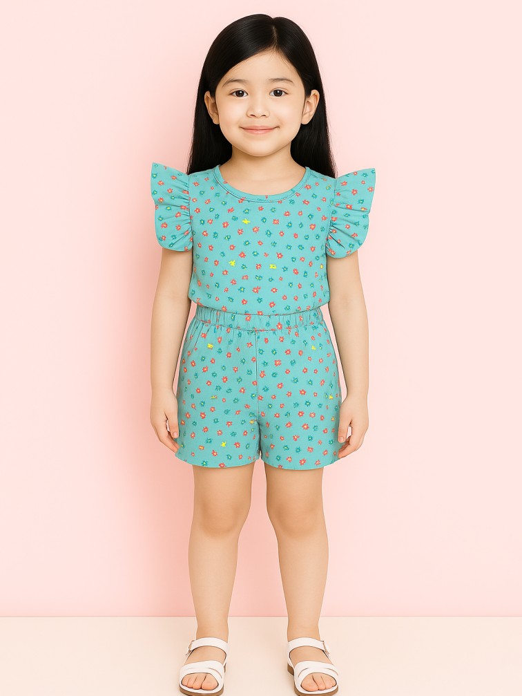 Kidbea Girls Floral Print Clothing Set | Ruffle Sleeve Top and Matching Shorts | Teal