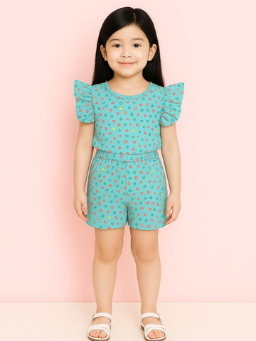 Kidbea Girls Floral Print Clothing Set | Ruffle Sleeve Top and Matching Shorts | Teal