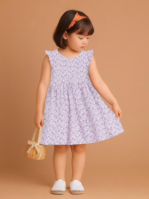 Kidbea Girls Cotton Frock | Floral Printed Dress with Ruffle Sleeves | Casual & Trendy Dress | Lavender