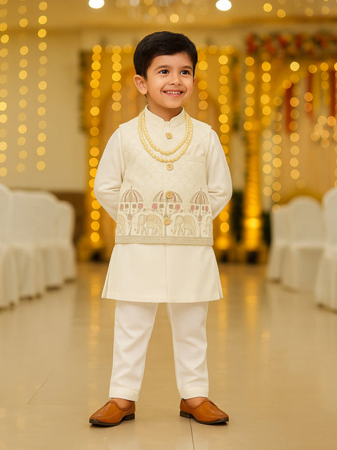 Kidbea Boys Ethnic Wear Set | Kurta Pajama with Stylish Nehru Jacket | Festive Traditional Outfit for Kids | Cream