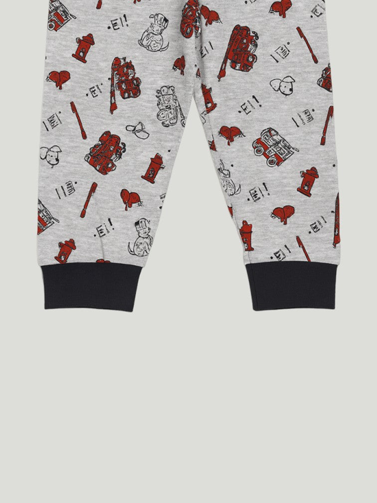 Kidbea Unisex Kids Cotton Night Suit Set | Firetruck Print  | Full Sleeves Pajamas | Grey
