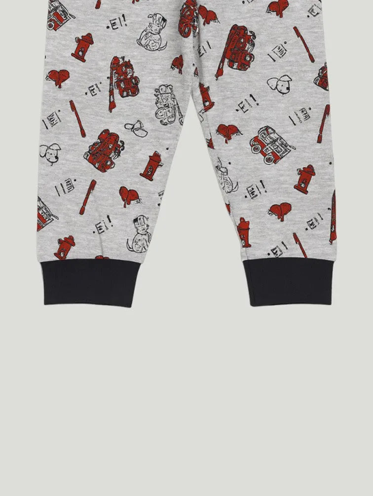 Unisex Kids Cotton Nightsuit Set | Firetruck Print  | Full Sleeves Pajamas | Grey