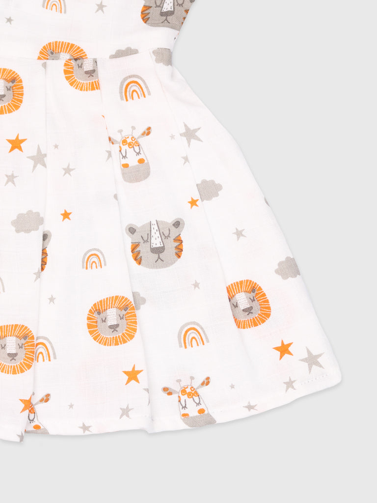 Kidbea Extra Soft Muslin Cotton Fabric Baby Girls Frock | Pack of 4 | Rainbow, Tiger, Mickey and Butterfly | Print May Vary
