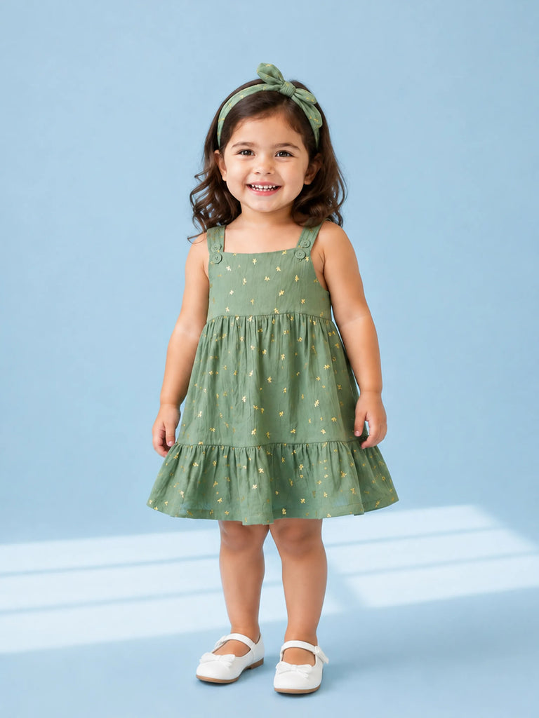 Girls Organic Cotton Sage Green Floral Print Dress & Bloomers Set with Headband